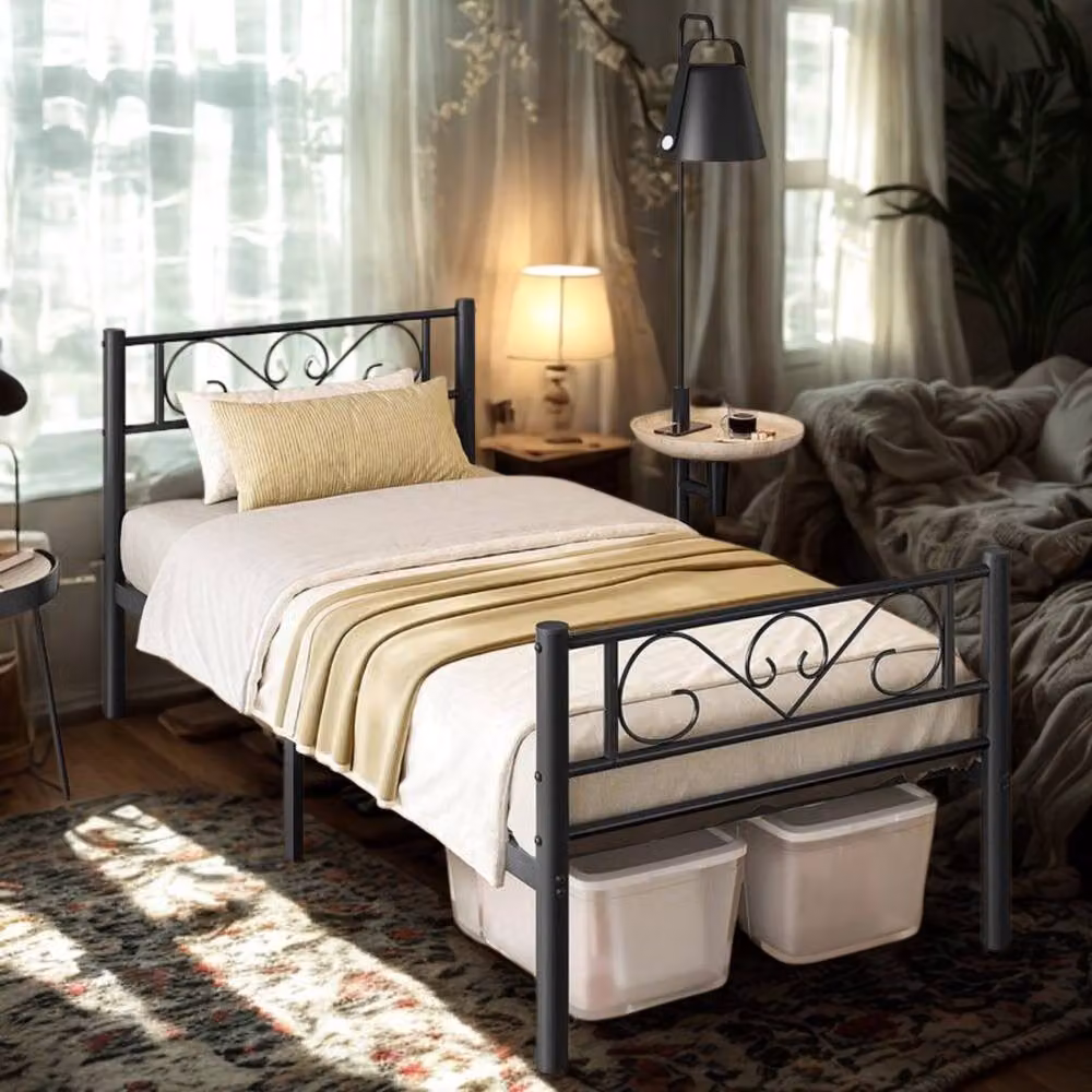 Pirlo Plush Single Metal Bed Frame with Headboard, Black, W/D/H: 90 x 190 x 91.8 cm – 2