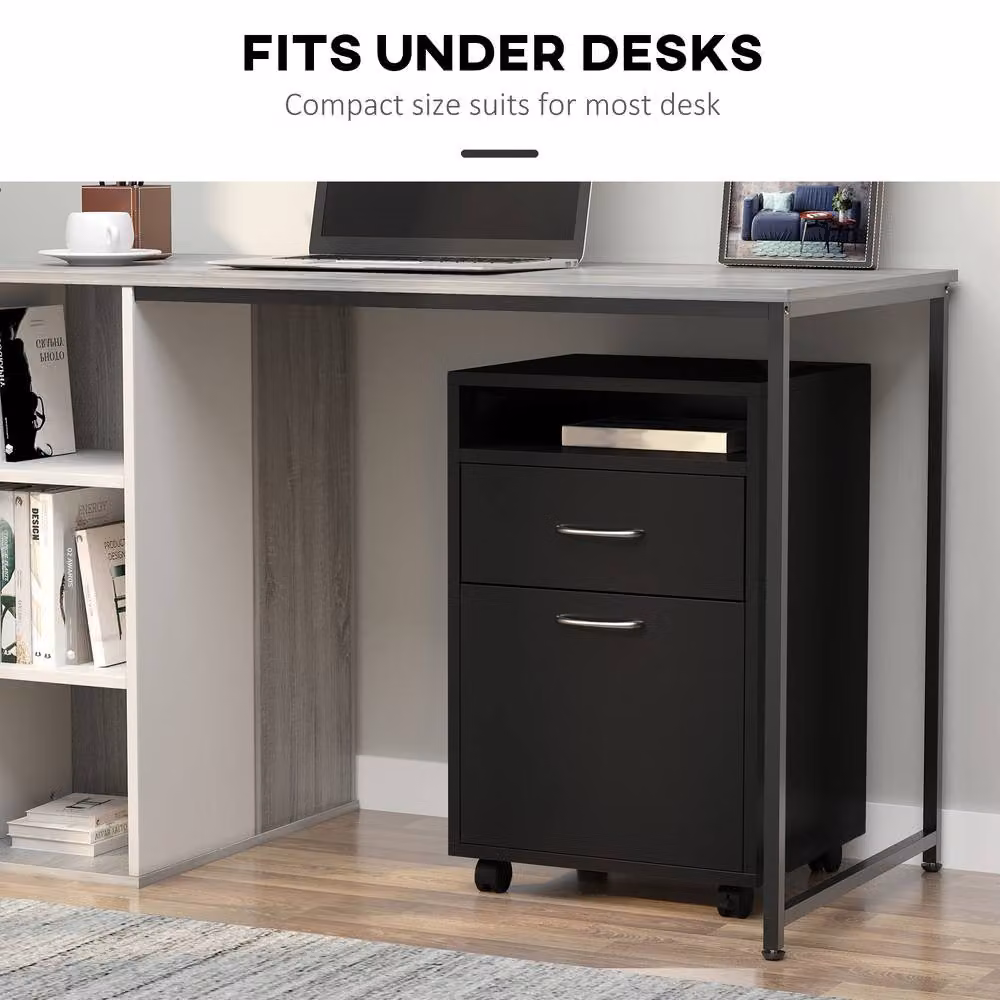 STILVORA Black Modern Filing Cabinet with Drawer, Shelf, Door and Castors – 4