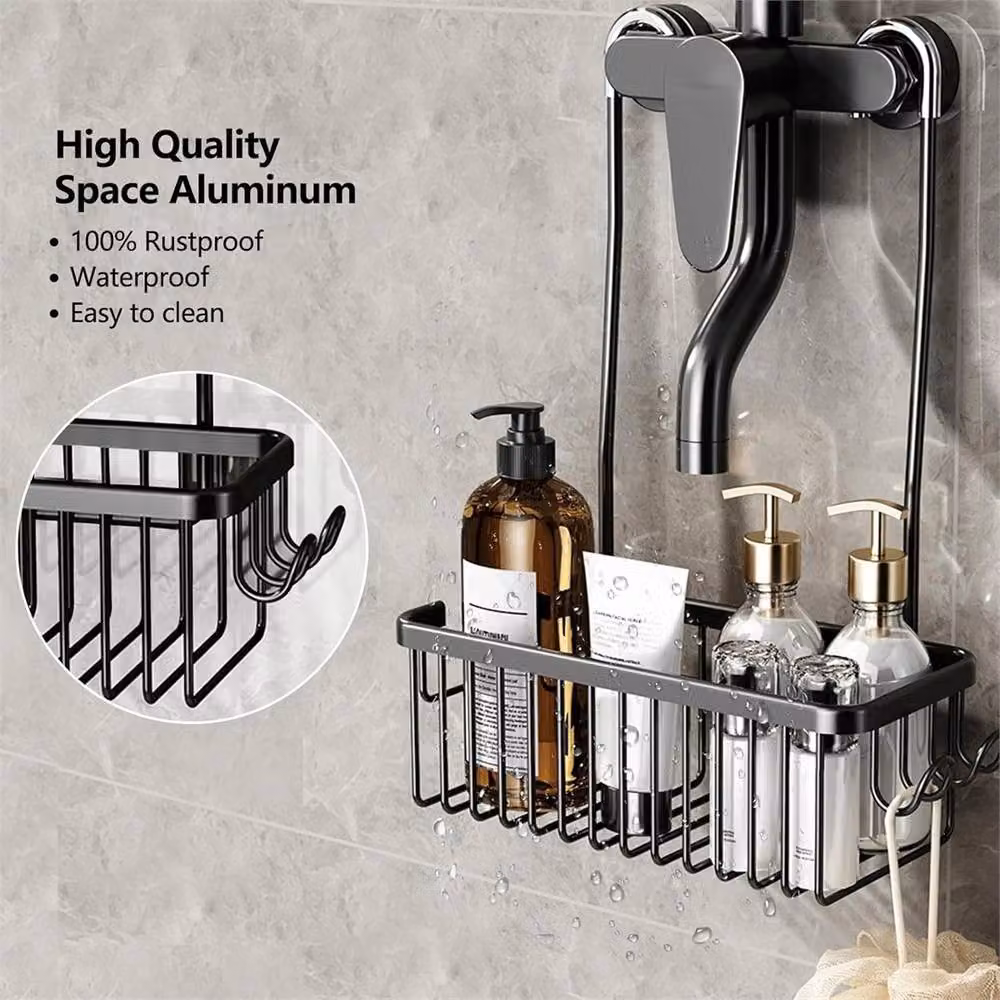 Nordara Black Rustproof Aluminium Shower Caddy Hanging Storage Organiser with Hooks – 4