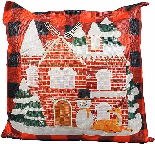 Netagon Red Festive House Design Christmas Cushion with Washable Linen Removable Cover and Hollow Fibre Filling, W/D/H: 40 x 40 x 45 cm