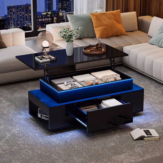 Matteo Black High-Gloss Lift-Top Coffee Table with LED Lights and Storage