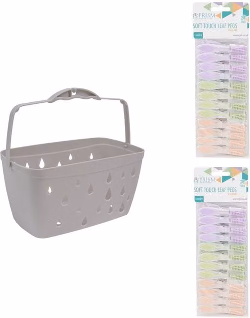 JVL Grey Peg Basket with 48 Multicolour Soft Touch Leaf Clothes Pegs