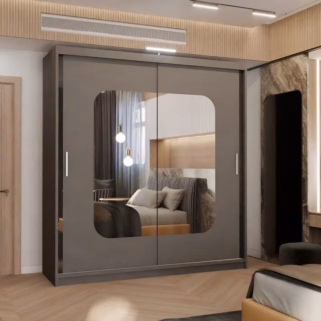 MN Furniture Grey Modern Wardrobe with Double Sliding Mirror Doors and Integrated LED Lighting W/D/H: 203 x 217 cm