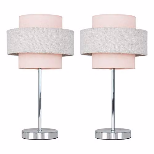 ValueLights Weaver Set of 2 Modern Polished Chrome Touch Table Lamps with Pink and Grey Fabric Shades H 36.5 cm x W 20 cm x D 20 cm – 1