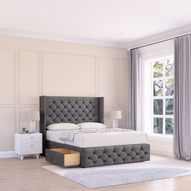 Sloomy Luthor Velvet Wingback Bed Set with Floor Standing Headboard in Dark Grey, Double Size (W/D/H: 140 x 200 cm)
