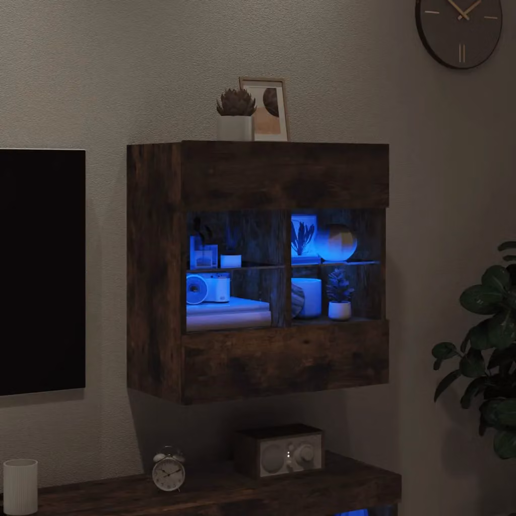 Berkfield Home Modern Wall Mounted TV Cabinet with LED Lights and Glass Doors in Smoked Oak Brown, W/D/H: 58.5 x 30 x 60.5 cm – 4