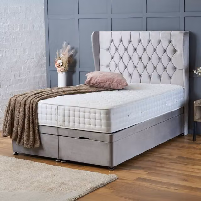 BSSPOKE Amelia Ottoman Divan Bed in Silver Plush Velvet with 54 inch Headboard, W/D/H: 90 x 190 cm – 1