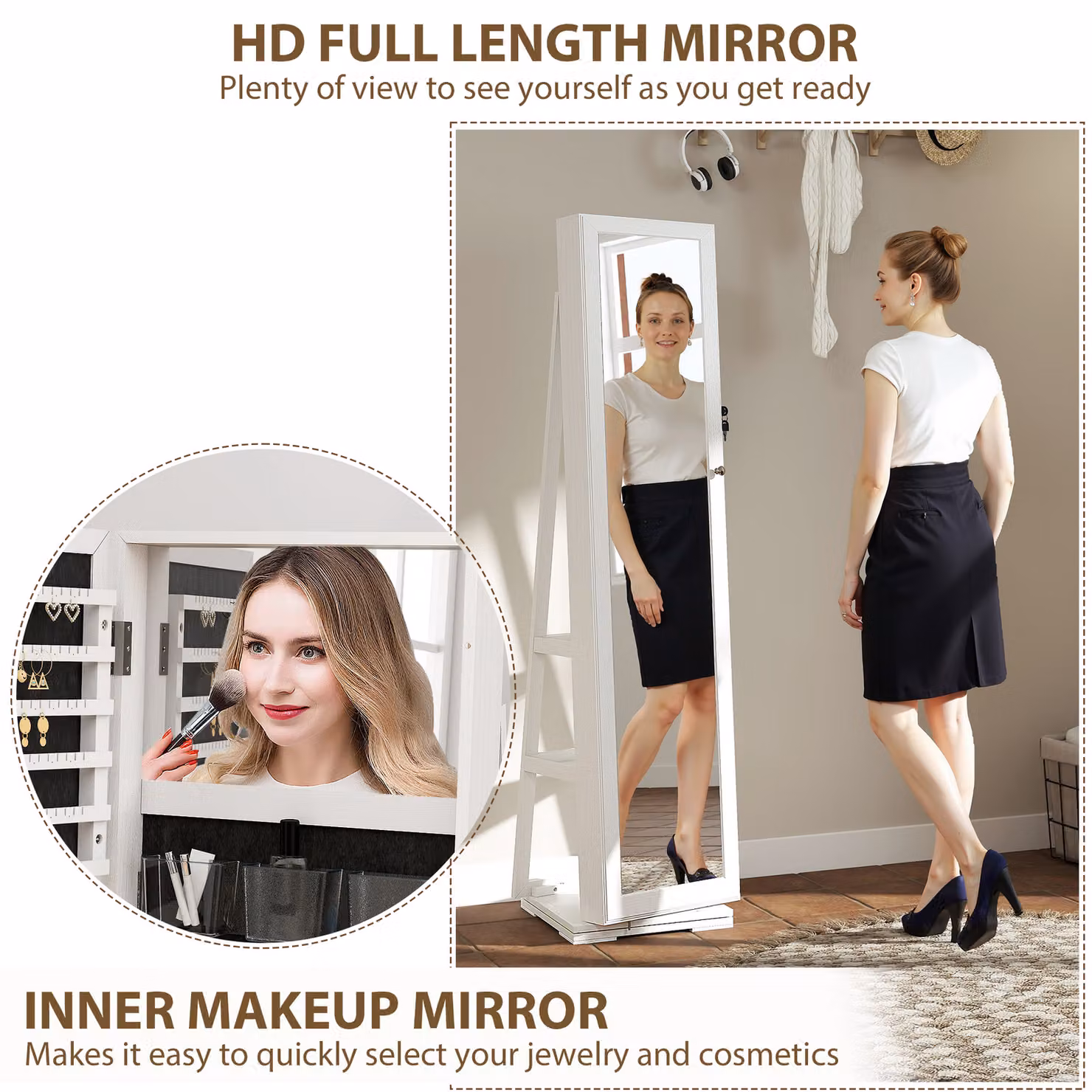 HOMCOM Lockable Jewellery Cabinet with Full-Length Mirror and Internal Shelves, White, H: 160.0 x W: 38.0 x D: 19.5 cm – 4