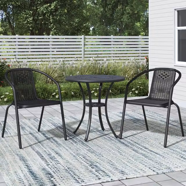 Breeins Modern Round Outdoor Dining Set with 2 Stacking Chairs, Black Metal and Rattan, Diameter: 65 cm