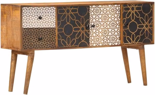 Berkfield Home Mid-Century Geometric Patterned Sideboard in Brown Solid Mango Wood W/D/H: 130 x 30 x 70 cm