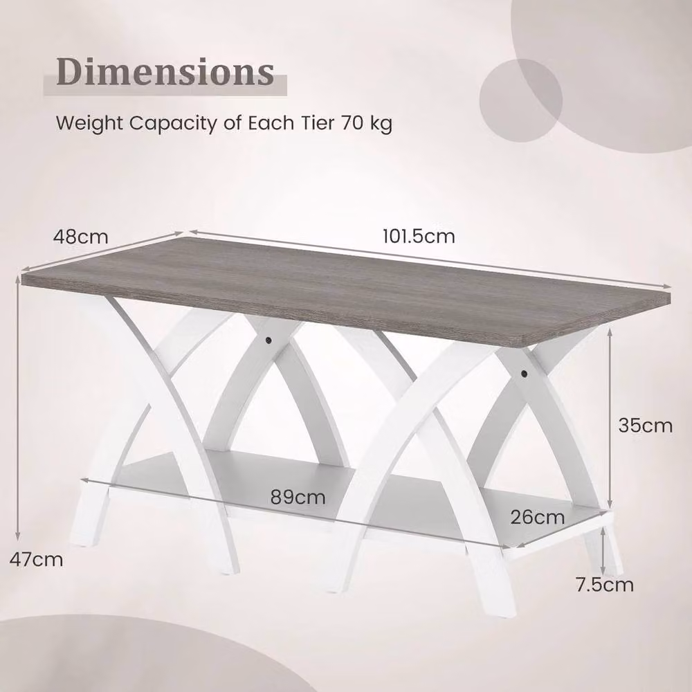 KORVIXA Grey Rustic Wooden Coffee Table with Storage Shelf, W: 100 cm, H: 47 cm, D: 40 cm – 2