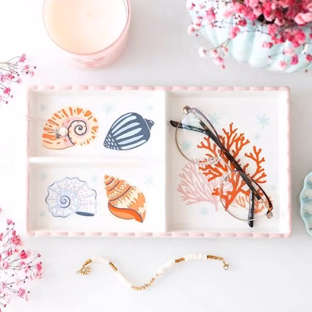 Uniqueful Multicolour Pastel Shell and Coral Ceramic Trinket Tray
