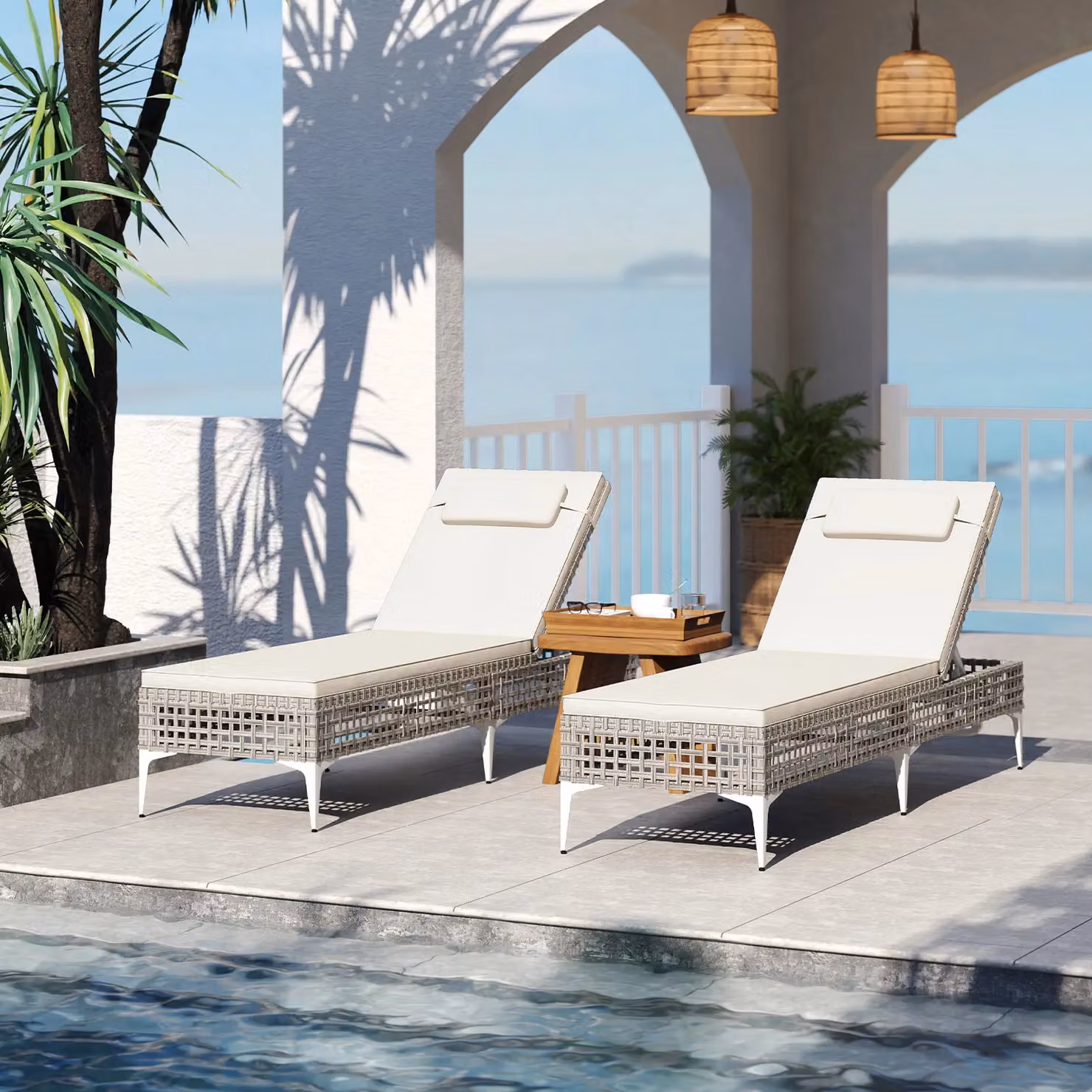 Costway White Polyrattan Sun Lounger with 6-Level Adjustable Headrest and UV-Resistant Fabric – 3