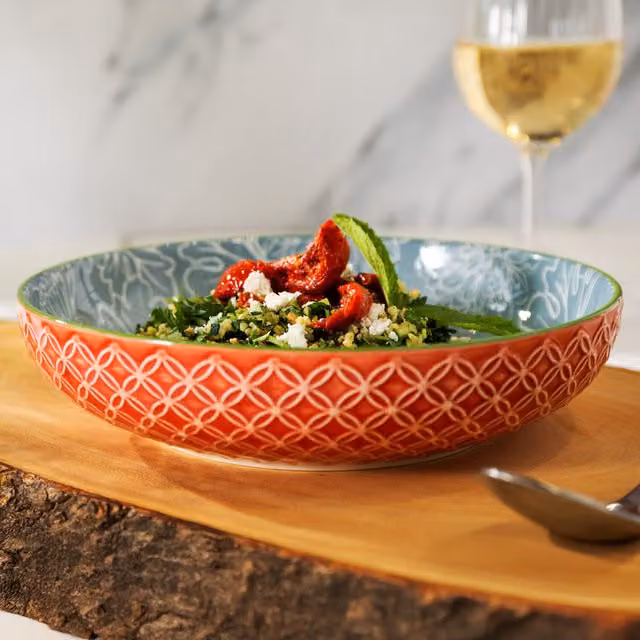 Mikasa Geometric Leaf Red Stoneware Coupe Serving Bowl, 900ml, W: 21 cm, H: 5 cm