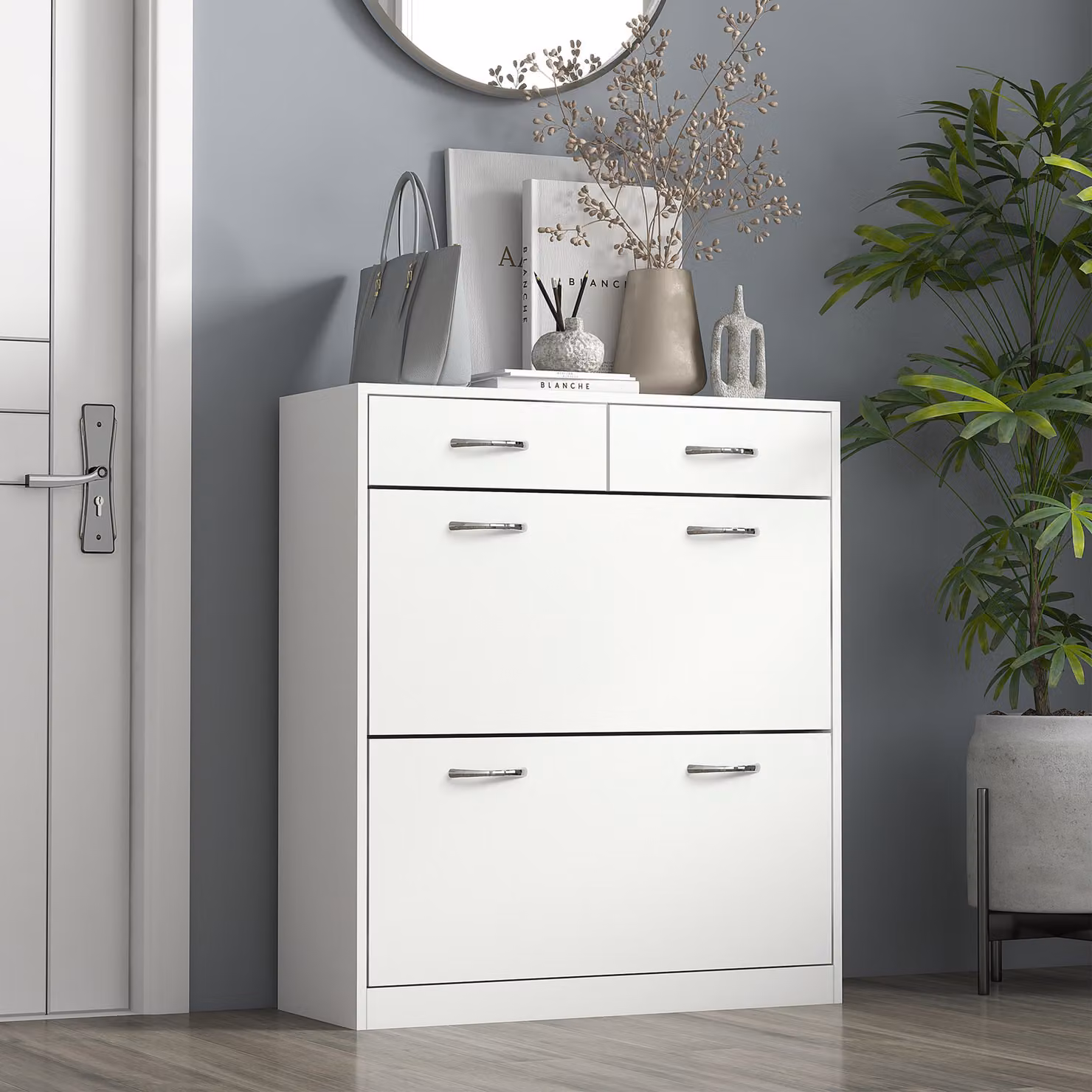 HOMCOM White Narrow Shoe Cabinet with 2 Tilting Compartments and Adjustable Internal Shelves for 12 Pairs, H: 91.5 cm, W: 80.0 cm, D: 25.2 cm – 2
