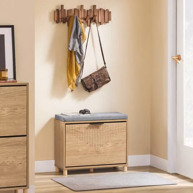 SoBuy Slim Entrance Bench and Shoe Rack in Light Oak with Grey Fabric – 1