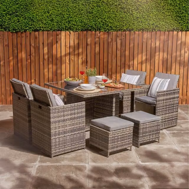 Home Treats Modern 8 Seater Grey Rattan Garden Dining Set with Aluminium Frame and Glass Top