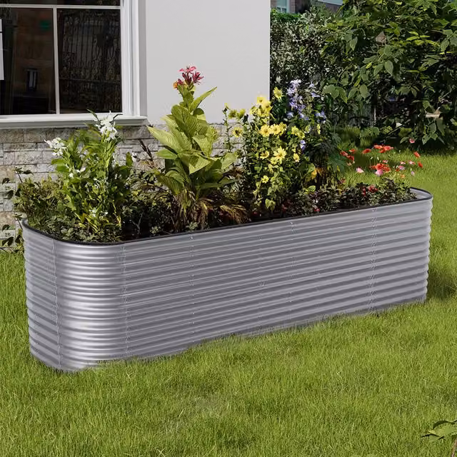 Livingandhome Silver Oval-Shaped Galvanised Steel Raised Garden Bed