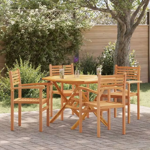 Berkfield Home Set of 4 Stacking Garden Chairs in Brown Teak Wood, W/D/H: 55.5 x 55.5 x 90 cm