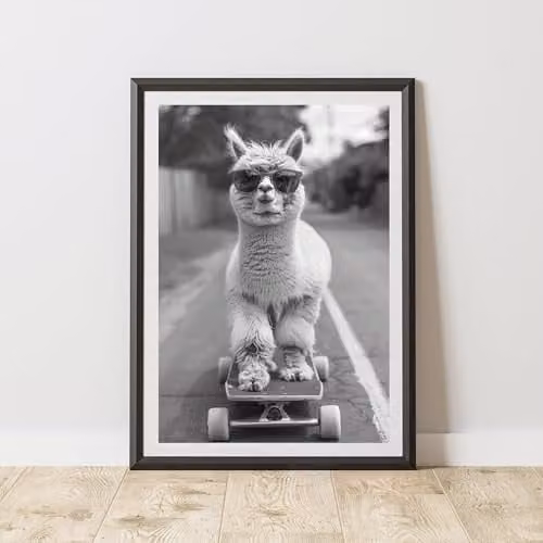 60 Second Makeover Highland Alpaca Skateboarding Illustration Paper Poster, A3, Black, White and Grey