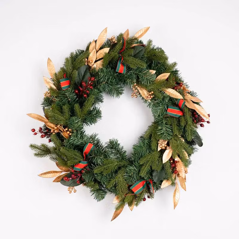 Scottish Everlastings Ltd Traditional Round Christmas Wreath with Gold Leaves in Green, Diameter: 60 cm – 3
