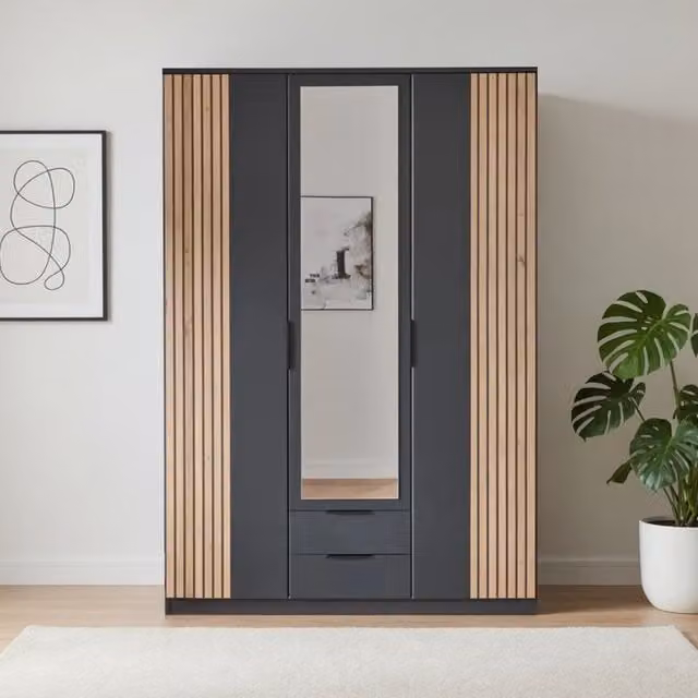 London Oak and Graphite 3 Door 135cm Wardrobe with Mirror