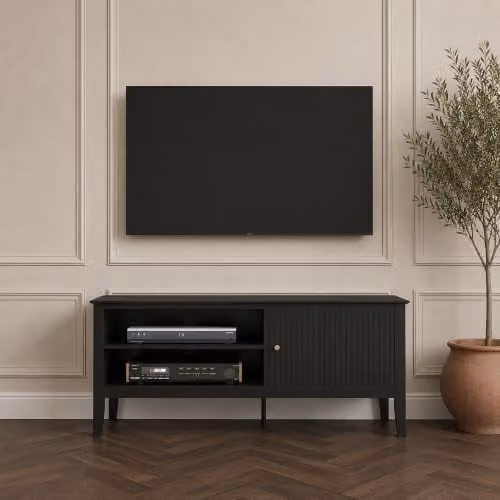 Melody Maison Hales Black Wooden Fluted TV Cabinet with Gold Details, W/D/H: 120 x 50 x 40 cm
