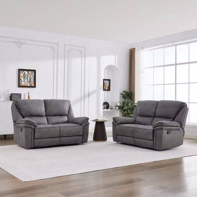 Furniture One Manual Reclining Leathaire Sofa Suite in Light Grey, Width: 162 cm, 4 Seater