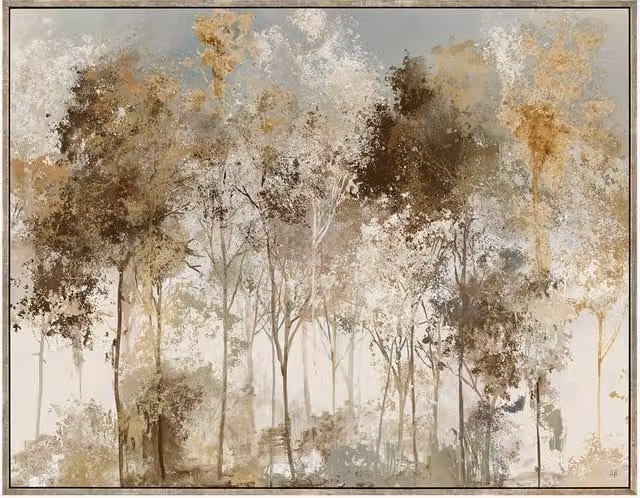 Perch & Parrow Golden Woodland Abstract Framed Wall Art in Gold and Multicolour