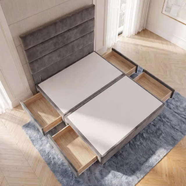 Horizona Velvet Divan Bed Base with Floor Standing Headboard and 4 Drawers, Grey, W/D/H: 120 x 200 x 34.5 cm