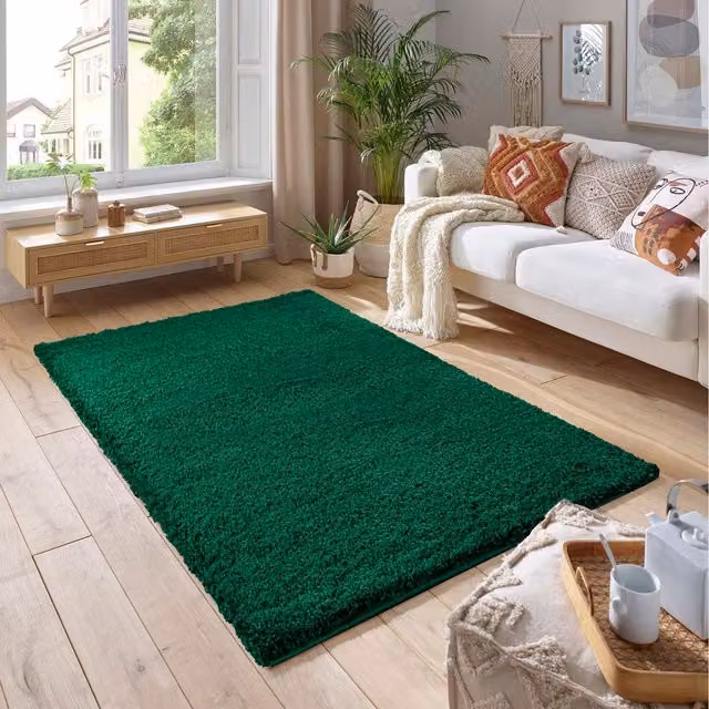 Emerald Green Modern Rectangular Shaggy Area Rug with Thick Pile and Sound Absorbing Properties