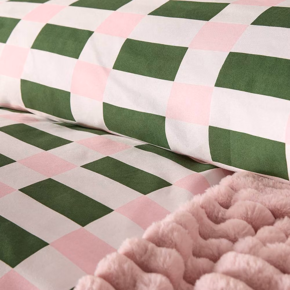 OHS King Size Checkerboard Microfibre Duvet Cover and Pillowcase Set in Green and Pink, W/D/H: 220 x 220 x 180 cm – 6