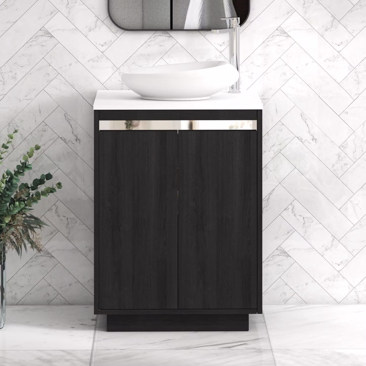 Royal Bathrooms Orion 600mm Hale Black and White 2 Door Floor Standing Vanity Unit with Nova Basin and Chrome Accent Trim