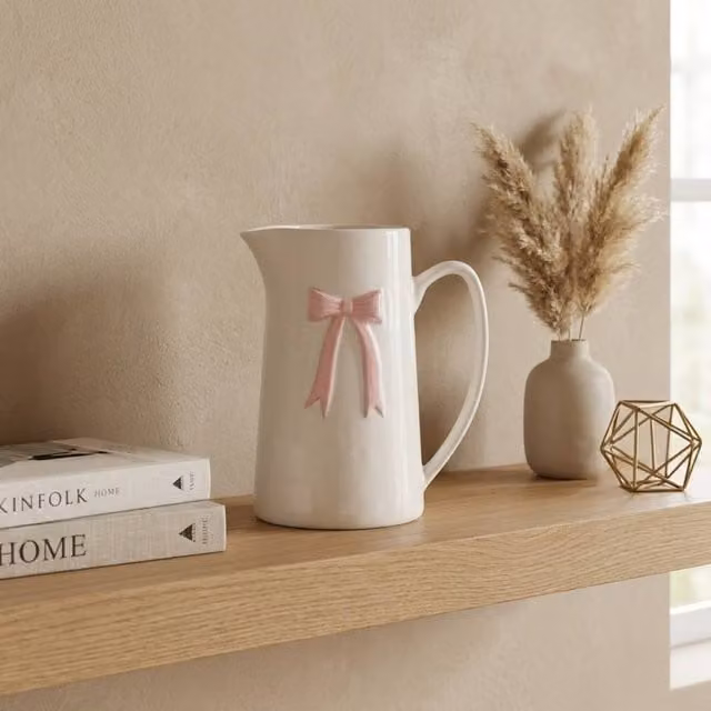 Garden Greatness Maison Peony Blush Bow Ceramic Jug Vase in Pink, White and Multicolour, H 21.3 cm x W 12.5 cm x D 17.8 cm