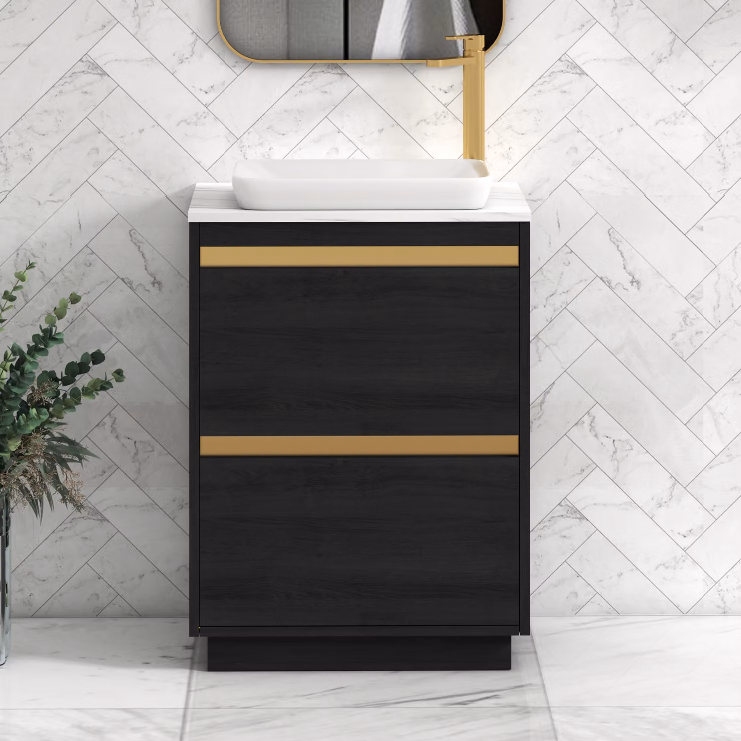 Royal Bathrooms Orion 600mm Hale Black Floor Standing Vanity Unit with Qubix Carrara White Countertop and 2 Drawers featuring Brushed Brass Accent Trim
