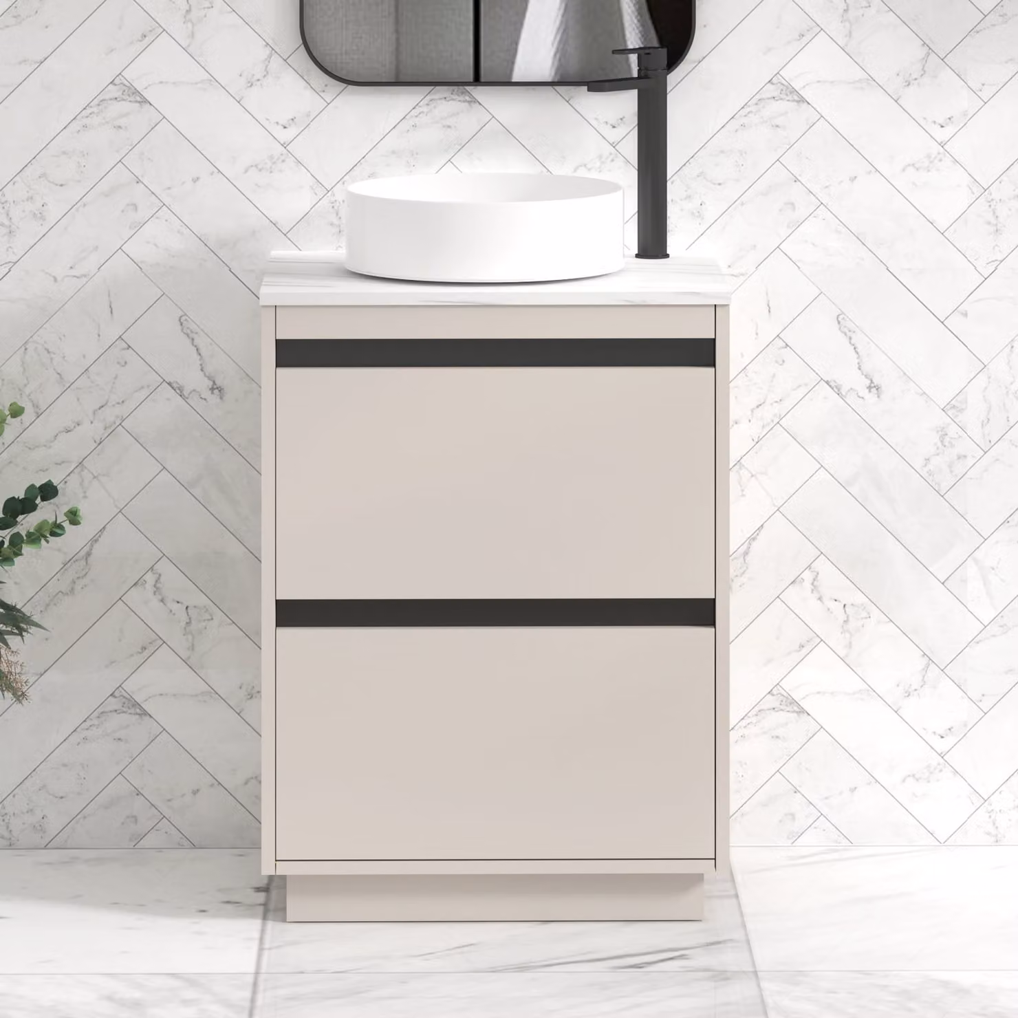 Royal Bathrooms Orion 800mm Warm Taupe Floor Standing 2 Drawer Vanity Unit with Carrara White Undrilled Worktop and Black Accent Trim