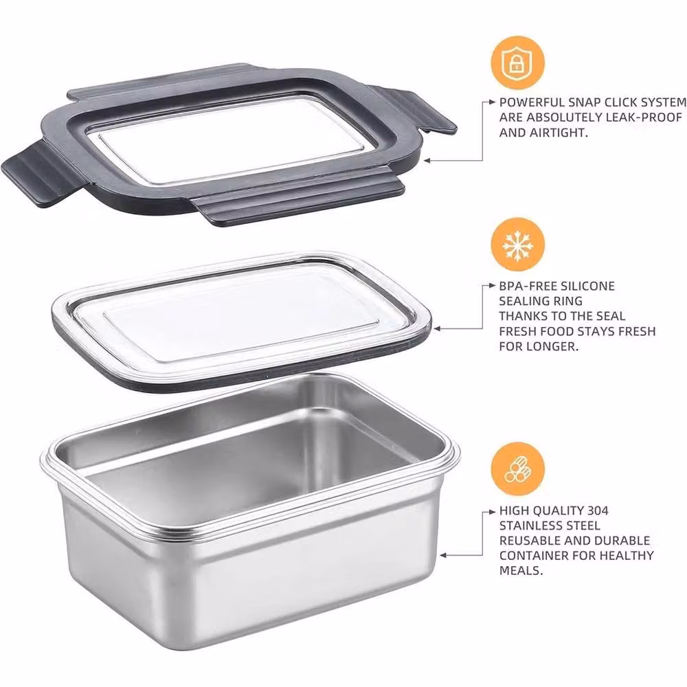 FLAVORA Leakproof and Airtight Rectangular Stainless Steel Food Storage Container, Silver, 400ml – 4