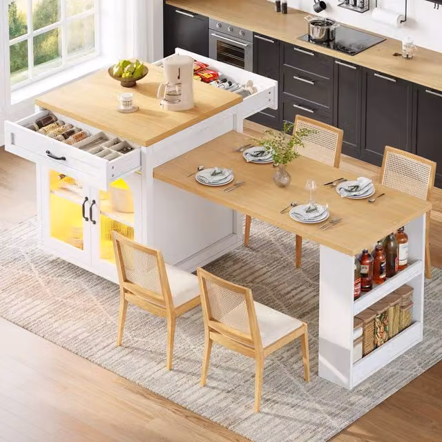 Merax Kitchen Island with LED, Drawers and Extendable Dining Table in White