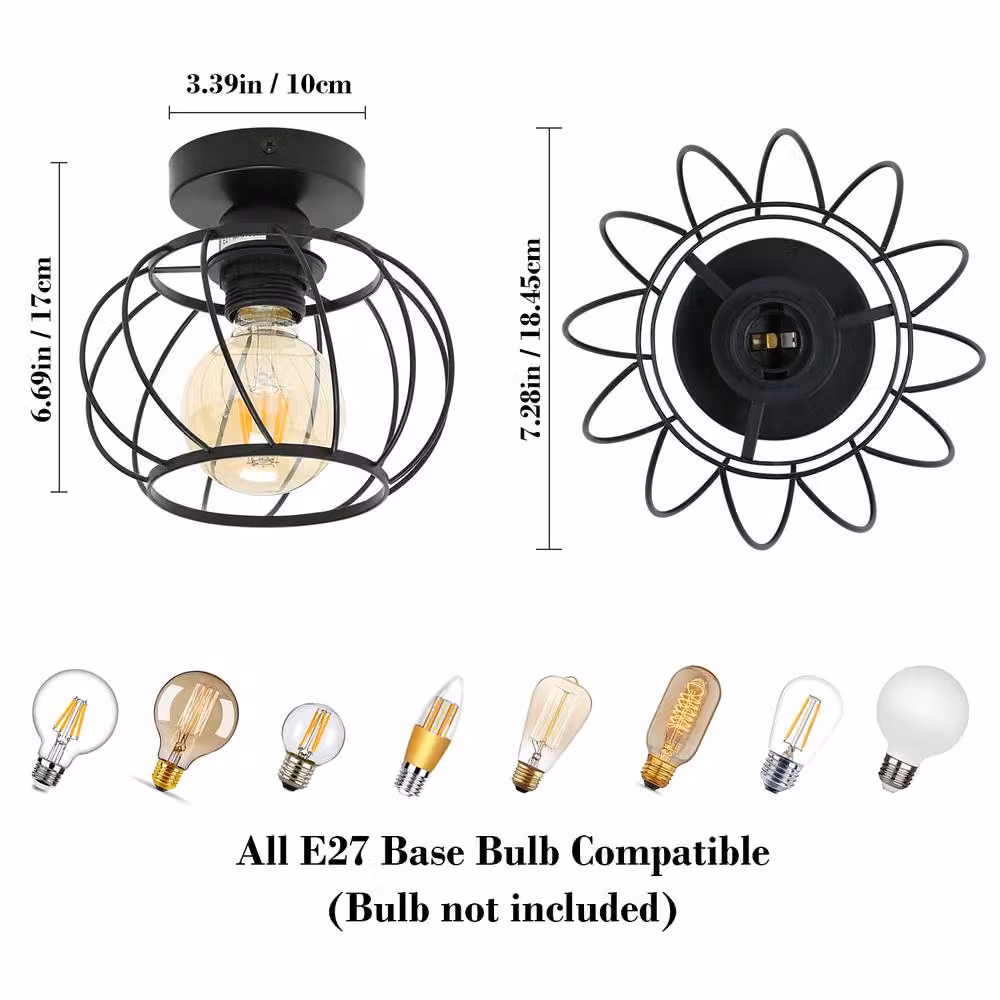 Goeco Retro Industrial Black Metal Ceiling Light with Round Spiral Cage Lampshade and E27 Socket – 3