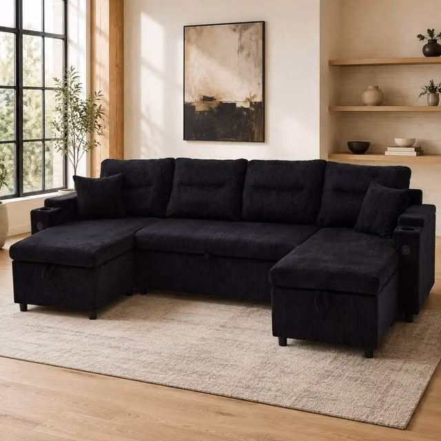 STILVORA 4-Seater Corduroy L-Shape Sofa in Black with Dual Chaise, Storage, USB Charging and Cup Holders, W: 272 cm, D: 136 cm, H: 86 cm – 1