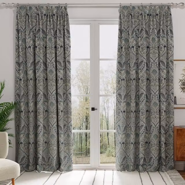 Terrys Hidcote Made to Measure Blackout Floral Fabric Panel Curtain in Blue and Black with Eyelets