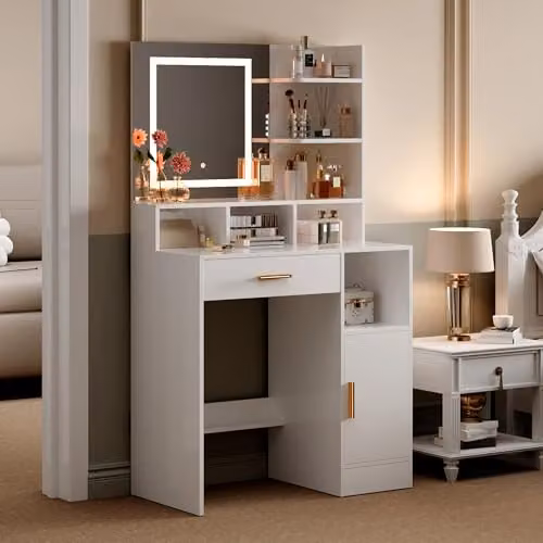 MCC Direct White Modern Dressing Table with Hollywood LED Mirror and Storage W/D/H: 140 x 80 x 40 cm – 4