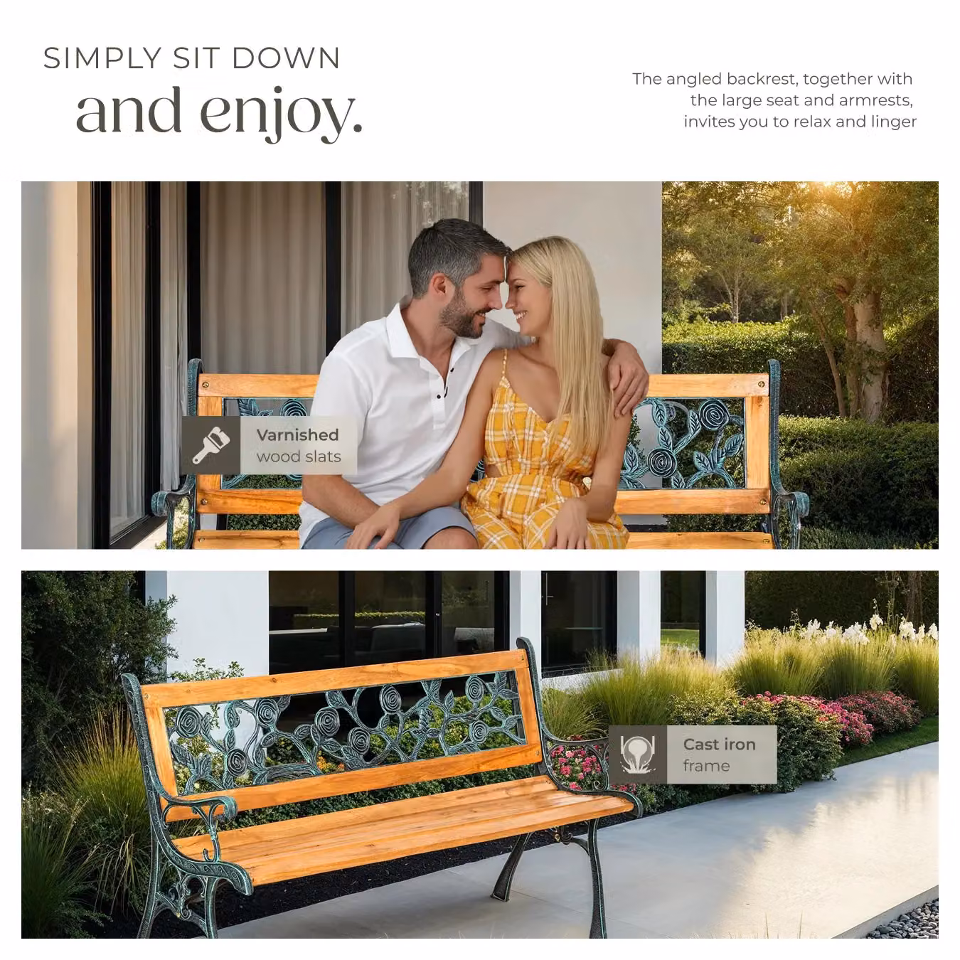tectake Marina 2 Seater Garden Bench in Brown with Vintage Wood and Metal Design – 6