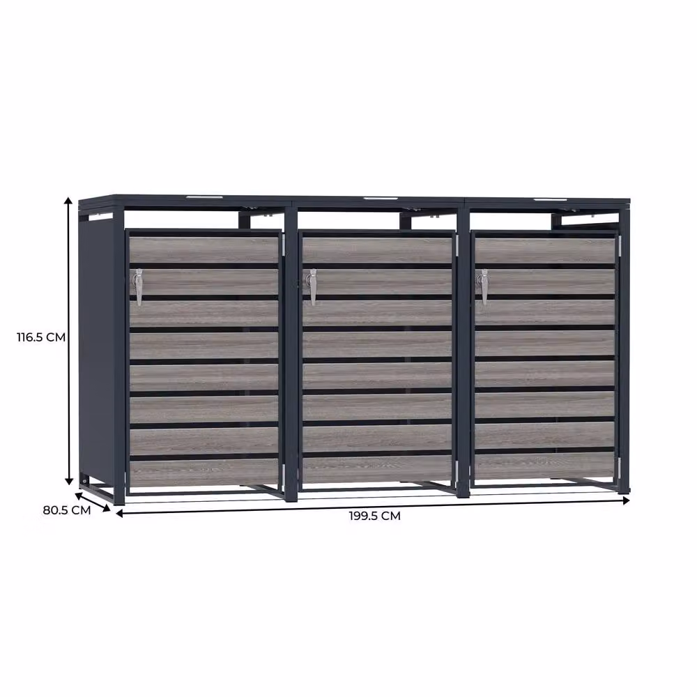 Monstershop Triple Wheelie Bin Metal and Wood Storage in Anthracite Grey – 2