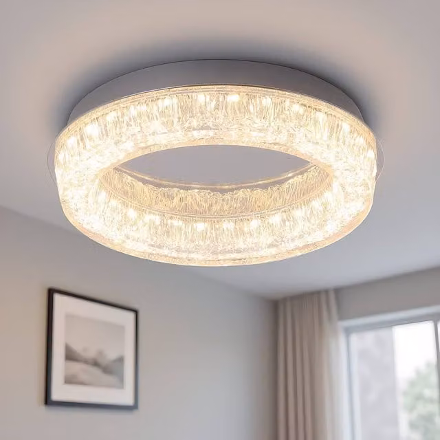 NIVOR Modern Round LED Acrylic Crystal Flush Mount Ceiling Light, Warm White, Clear, Diameter: 31 cm