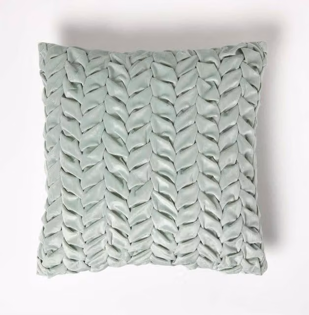 Homescapes Grace Pleated Pink Velvet Cushion in Frost Green, 45 x 45 cm