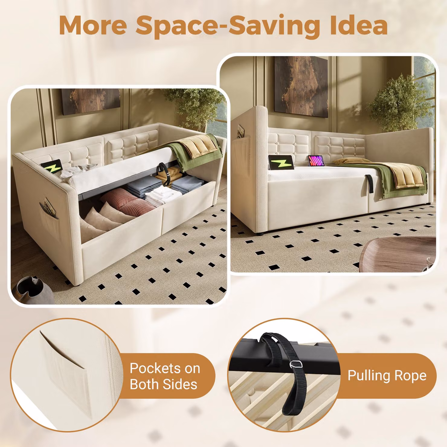 Aosom UK Beige Upholstered Single Sofa Bed with USB Charging and Under-bed Storage, W/D/H: 106 x 190 x 75 cm – 3