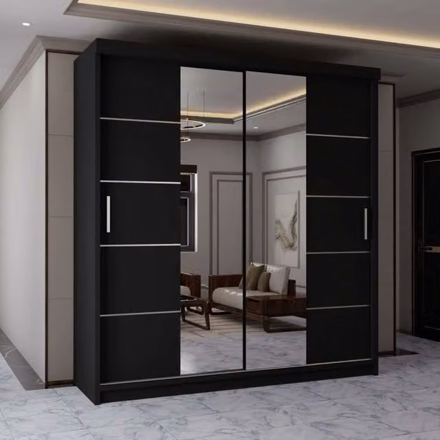 MN Furniture Modern Black Sliding Wardrobe Doors with Integrated LED Mirror Lighting, W/H: 203 x 217 cm – 1