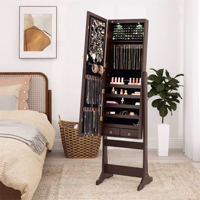 FORGEVIO Lockable Brown Wood Jewelry Cabinet with Mirror and LED Lighting – 1