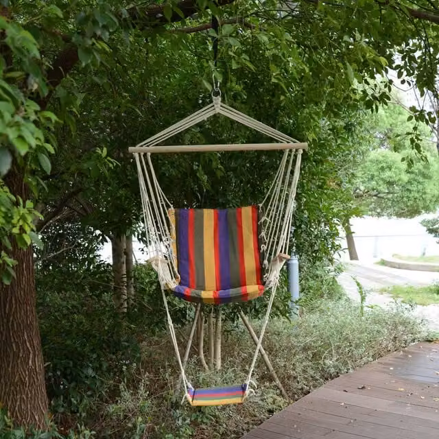 Outsunny Boho Red and Multicolour Striped Wooden Hanging Rope Swing Chair with Armrests for Adults